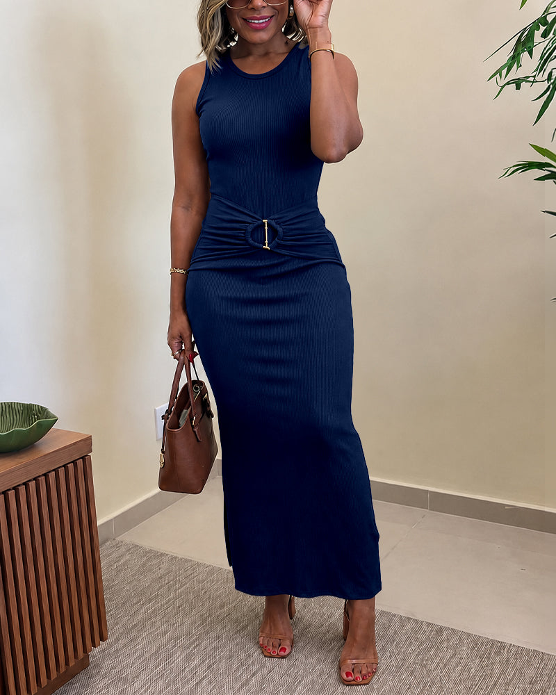 Women's Rib Knit Sleeveless Maxi Dress Ruched Gold Buckle High Waist Side Slit Bodycon Dress