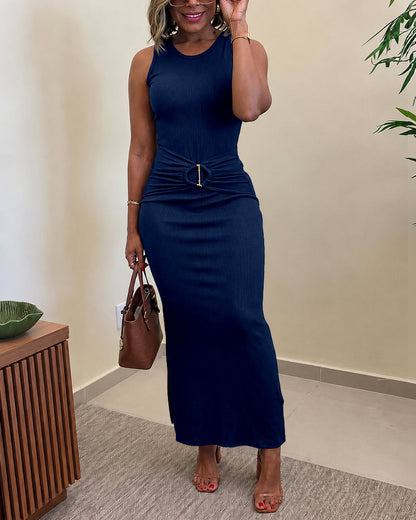 Women's Rib Knit Sleeveless Maxi Dress Ruched Gold Buckle High Waist Side Slit Bodycon Dress