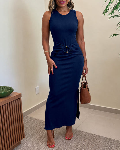 Women's Rib Knit Sleeveless Maxi Dress Ruched Gold Buckle High Waist Side Slit Bodycon Dress
