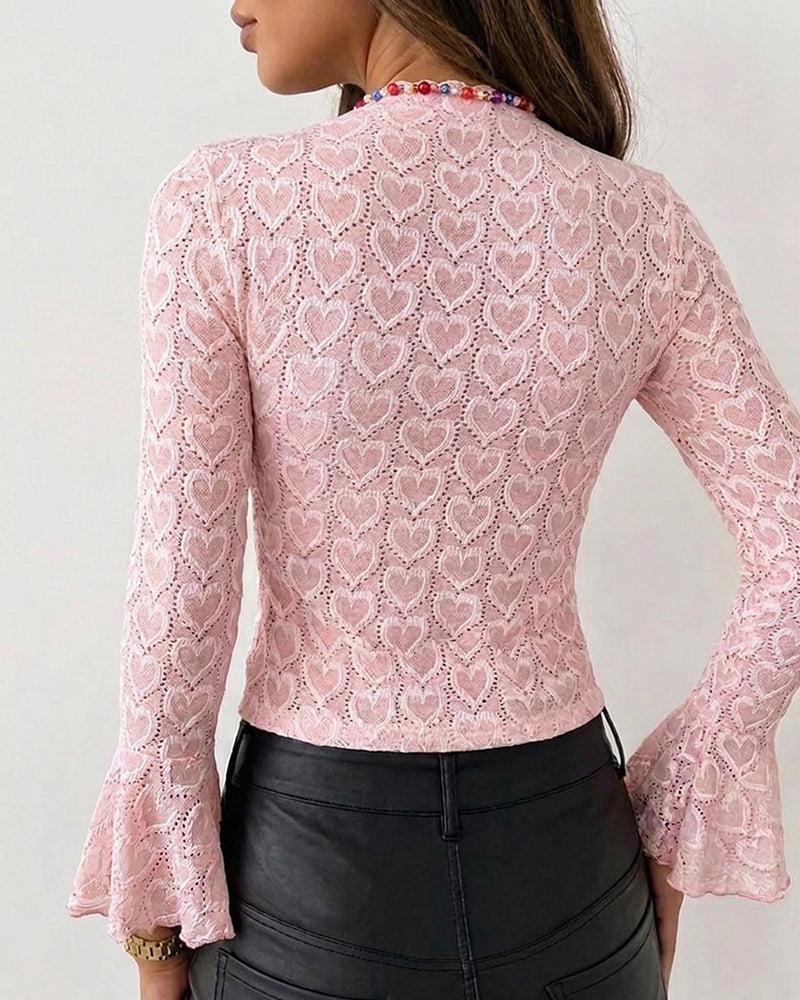 MISSYSECRET Women's Heart Jacquard Knit Top Mock Neck Long Sleeve Flare Cuff Slim Fit Blouse with Frill Trim and Hollow-out Details