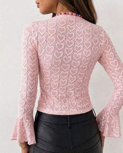 MISSYSECRET Women's Heart Jacquard Knit Top Mock Neck Long Sleeve Flare Cuff Slim Fit Blouse with Frill Trim and Hollow-out Details