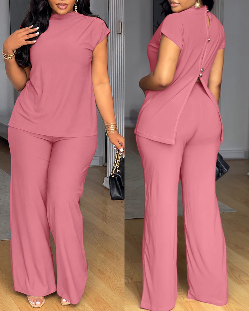 Women's 2 Piece Set Mock Neck Ruched Open Back Button Slit Top and Wide Leg Pants Casual Outfits with Pockets