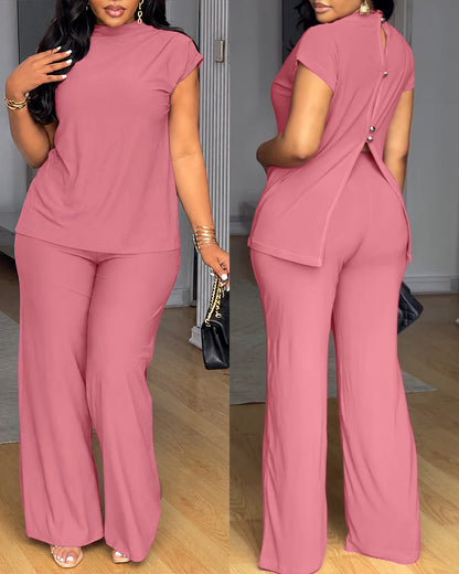 Women's 2 Piece Set Mock Neck Ruched Open Back Button Slit Top and Wide Leg Pants Casual Outfits with Pockets