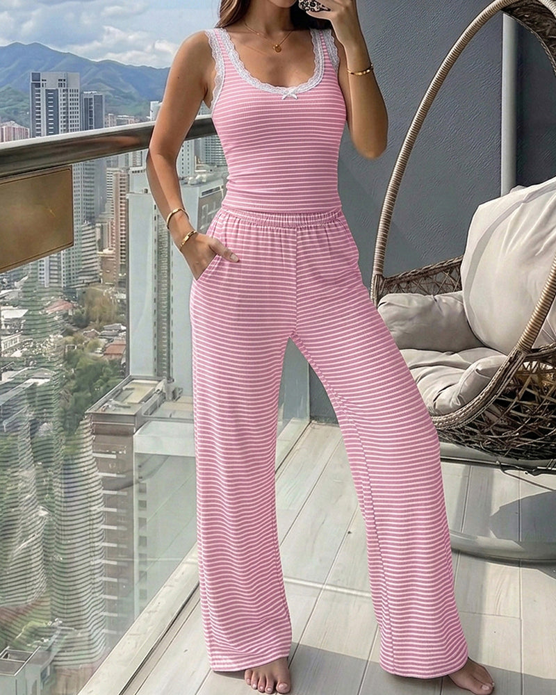 Women's 2 Piece Lace Trim Stripe Lounge Set Sleeveless Tank Top and Wide Leg Pants Set Rib Knit Pajamas Set with Pockets