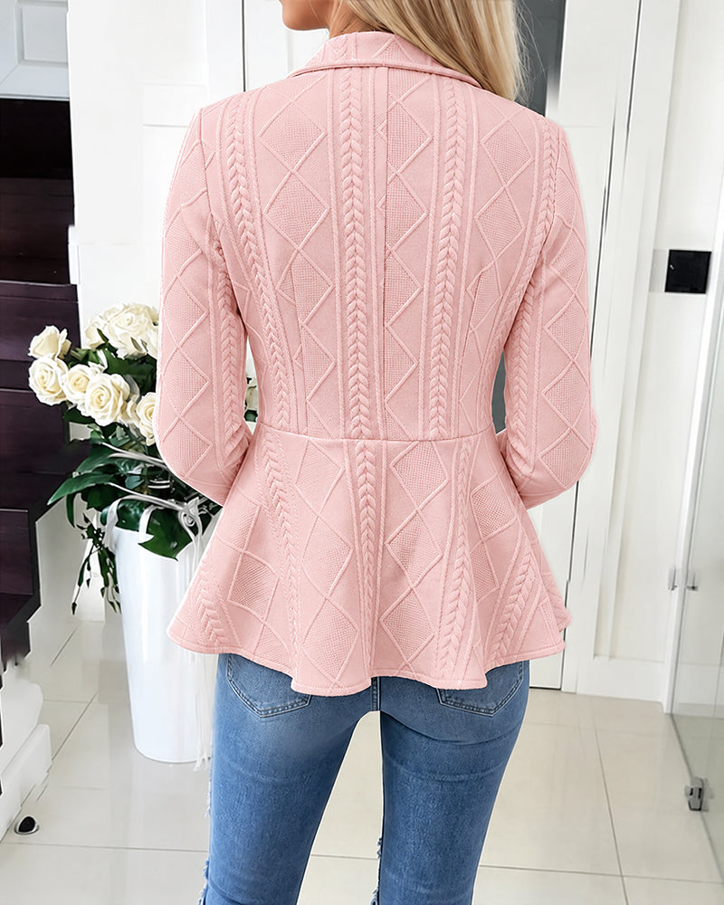 Women's Argyle Cable Knit Jacket Elegant Lapel Collar Gold Button Down Cardigan Ruffle Hem Long Sleeve Coat