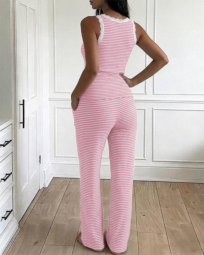 Women's 2 Piece Lace Trim Stripe Lounge Set Sleeveless Tank Top and Wide Leg Pants Set Rib Knit Pajamas Set with Pockets