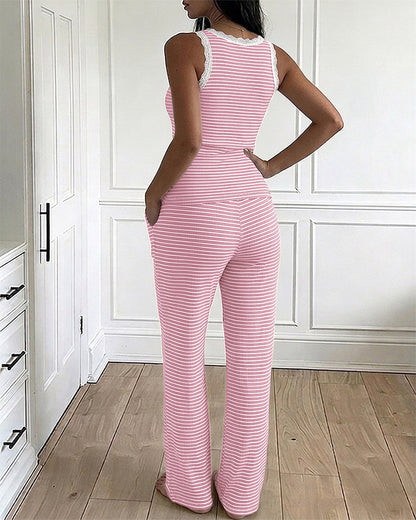 Women's 2 Piece Lace Trim Stripe Lounge Set Sleeveless Tank Top and Wide Leg Pants Set Rib Knit Pajamas Set with Pockets