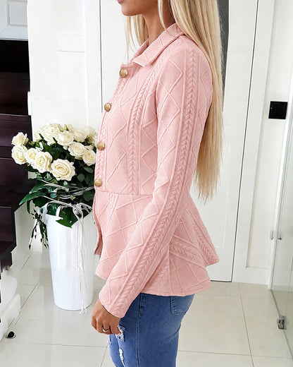 Women's Argyle Cable Knit Jacket Elegant Lapel Collar Gold Button Down Cardigan Ruffle Hem Long Sleeve Coat