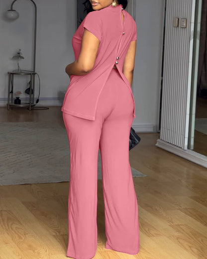 Women's 2 Piece Set Mock Neck Ruched Open Back Button Slit Top and Wide Leg Pants Casual Outfits with Pockets