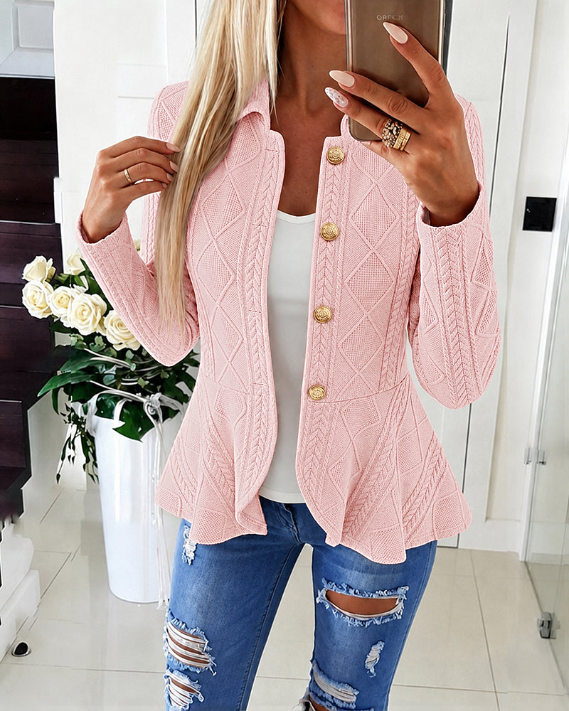 Women's Argyle Cable Knit Jacket Elegant Lapel Collar Gold Button Down Cardigan Ruffle Hem Long Sleeve Coat