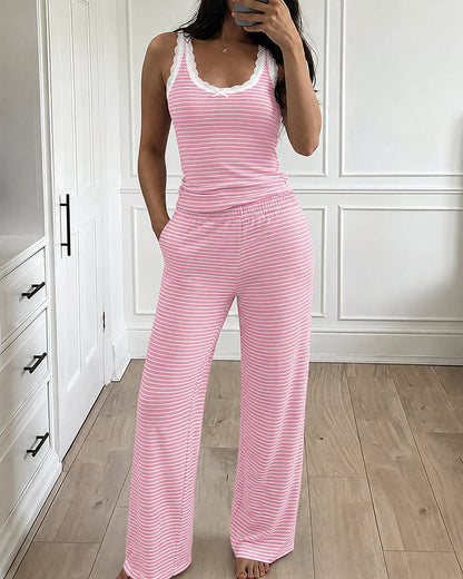 Women's 2 Piece Lace Trim Stripe Lounge Set Sleeveless Tank Top and Wide Leg Pants Set Rib Knit Pajamas Set with Pockets