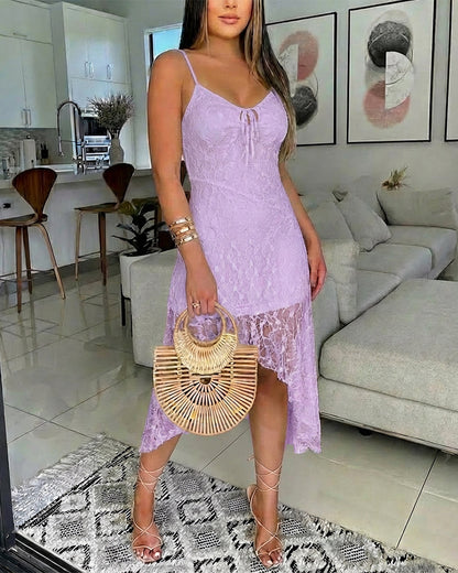 V-Neck Adjustable Spaghetti Straps Tie Front Asymmetrical Hem Dress Casual Hollow-out Front Backless Textured Lace Overlay Party Dress