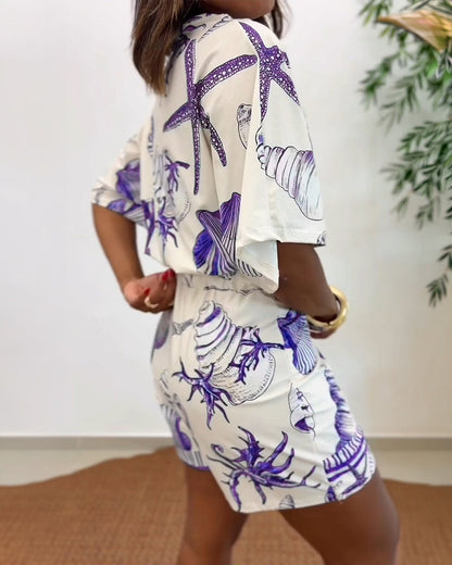 Starfish & Seashell Print Overlap V Neck Half Sleeve Wrap Knot Side Romper Casual Stretchy Back Waist Vacation Romper