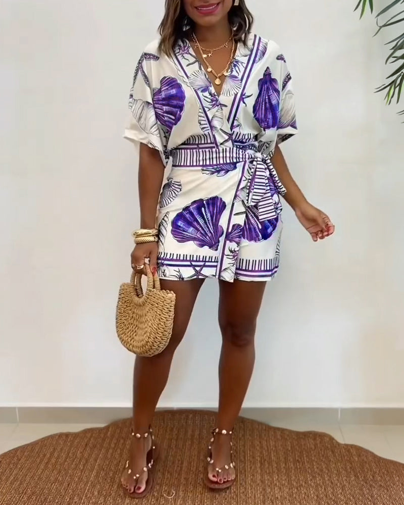 Starfish & Seashell Print Overlap V Neck Half Sleeve Wrap Knot Side Romper Casual Stretchy Back Waist Vacation Romper