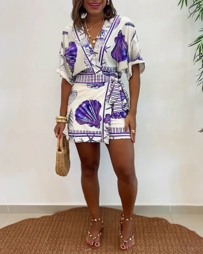 Starfish & Seashell Print Overlap V Neck Half Sleeve Wrap Knot Side Romper Casual Stretchy Back Waist Vacation Romper