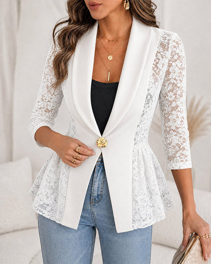 Women's Lace Patchwork Blazer Elegant Shawl Lapel Peplum Coat Single Breasted Three Quarter Sleeve Outwear