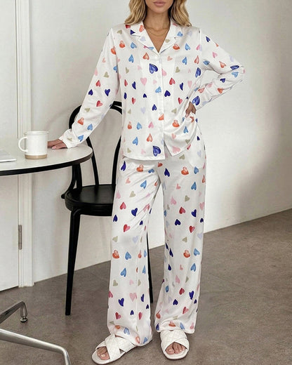 Women's Colorful Heart Print 2 Piece Pajama Set Long Sleeve Button Down Top and High Waisted Pants Casual Lounge Sets