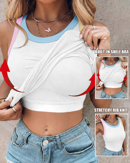 Ribbed Knit Sleeveless Scoop Neck Slim Fit Camisole Top with Built-in Bra