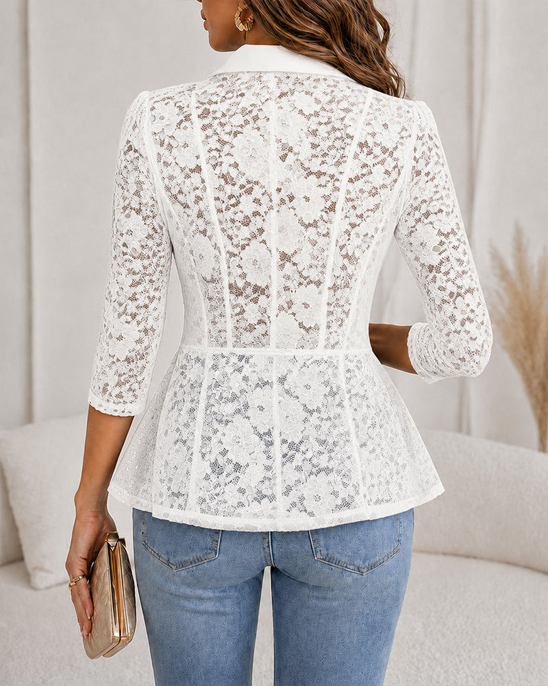 Women's Lace Patchwork Blazer Elegant Shawl Lapel Peplum Coat Single Breasted Three Quarter Sleeve Outwear