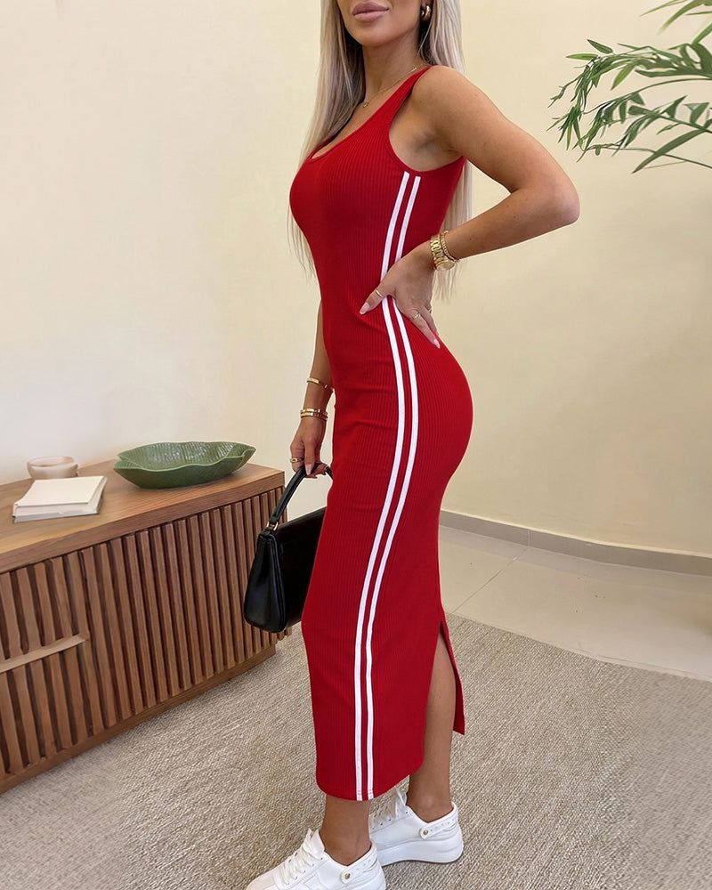Women's Side Stripe Ribbed Maxi Dress U-Neck Sleeveless Bodycon Dress Backless Slit Tank Dress