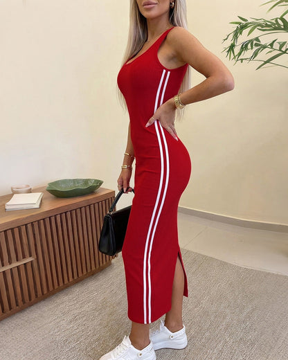 Women's Side Stripe Ribbed Maxi Dress U-Neck Sleeveless Bodycon Dress Backless Slit Tank Dress