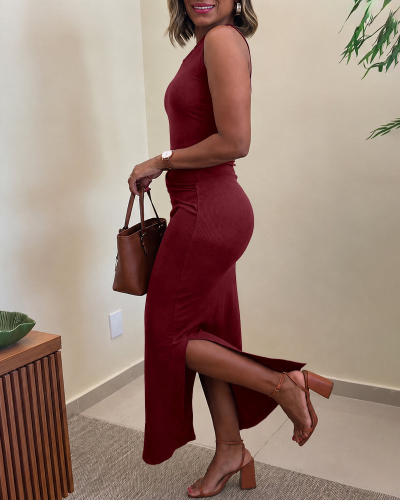 Women's Rib Knit Sleeveless Maxi Dress Ruched Gold Buckle High Waist Side Slit Bodycon Dress