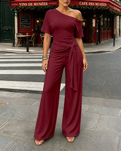 Women's Skew Neck 2 Piece Outfits Ruched Tie Waist Short Sleeve Top and High Waisted Wide Leg Pants Lounge Set