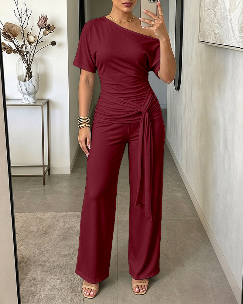 Women's Skew Neck 2 Piece Outfits Ruched Tie Waist Short Sleeve Top and High Waisted Wide Leg Pants Lounge Set