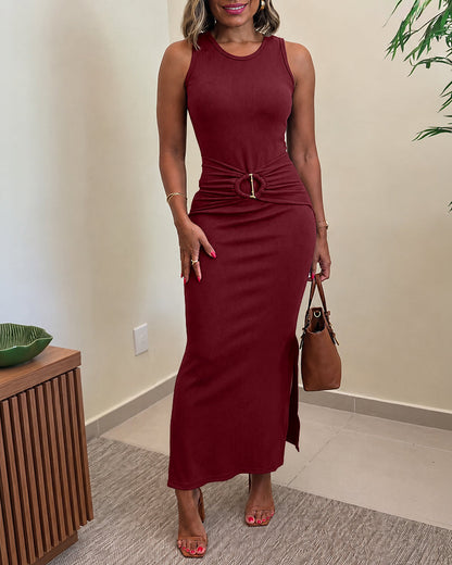 Women's Rib Knit Sleeveless Maxi Dress Ruched Gold Buckle High Waist Side Slit Bodycon Dress