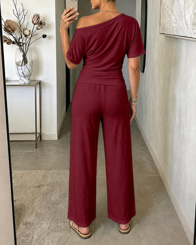 Women's Skew Neck 2 Piece Outfits Ruched Tie Waist Short Sleeve Top and High Waisted Wide Leg Pants Lounge Set
