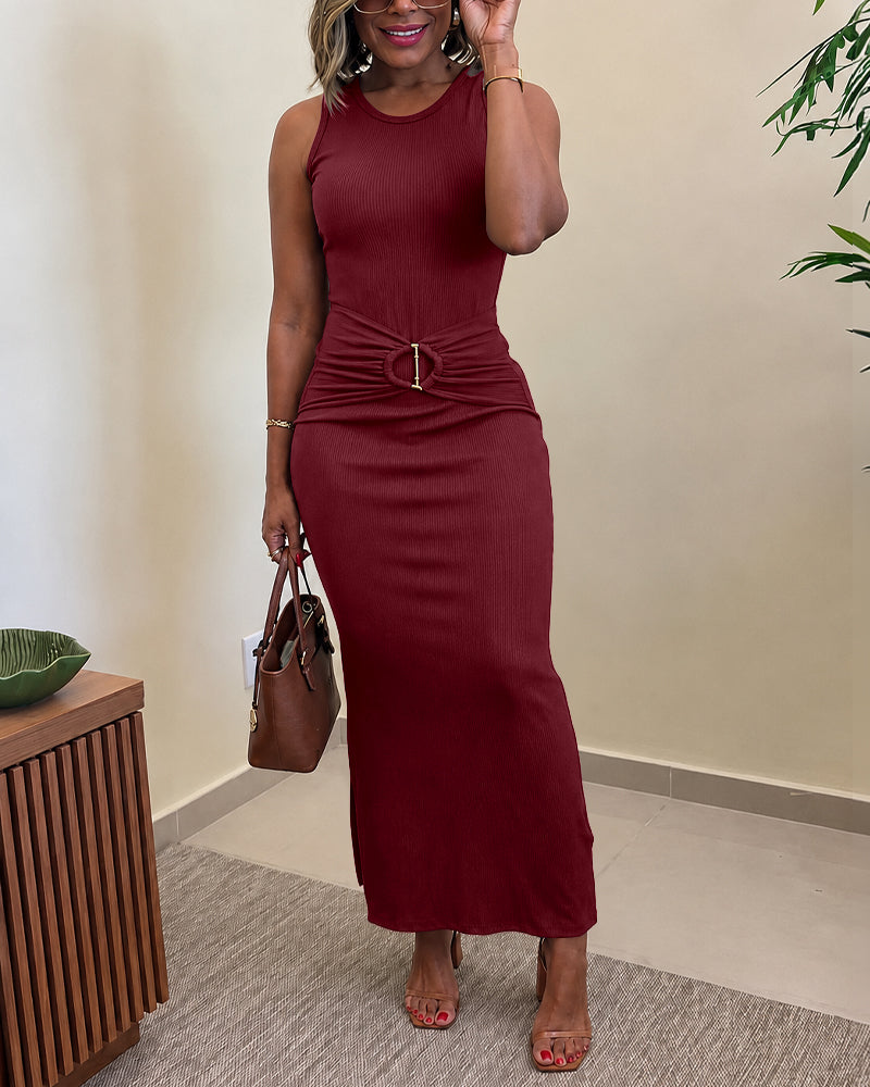 Women's Rib Knit Sleeveless Maxi Dress Ruched Gold Buckle High Waist Side Slit Bodycon Dress