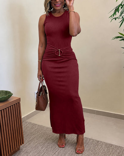 Women's Rib Knit Sleeveless Maxi Dress Ruched Gold Buckle High Waist Side Slit Bodycon Dress
