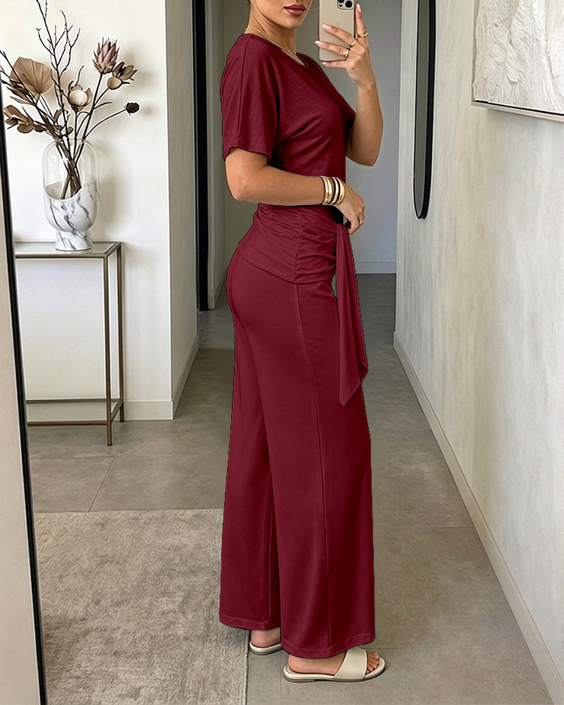 Women's Skew Neck 2 Piece Outfits Ruched Tie Waist Short Sleeve Top and High Waisted Wide Leg Pants Lounge Set