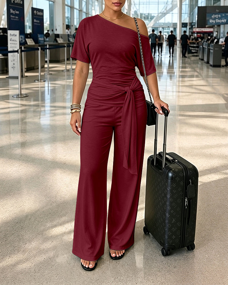 Women's Skew Neck 2 Piece Outfits Ruched Tie Waist Short Sleeve Top and High Waisted Wide Leg Pants Lounge Set