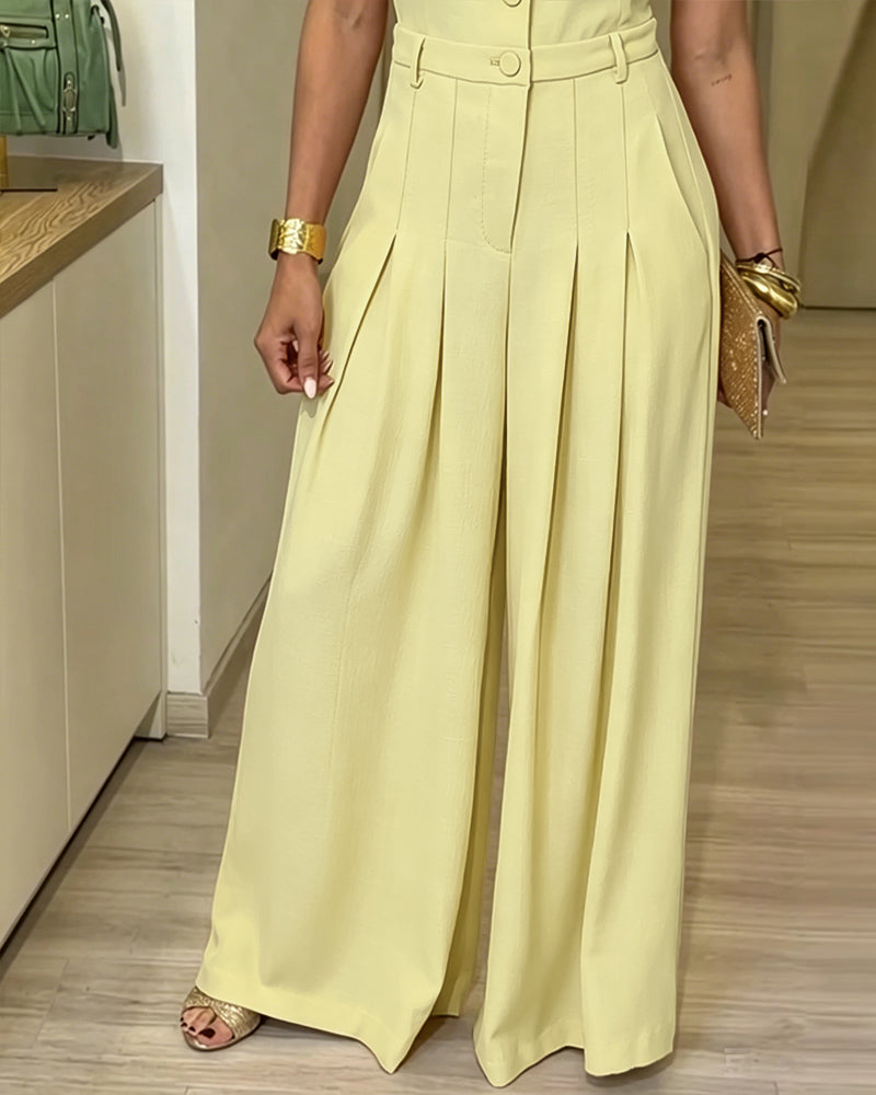 Women's Lapel V Neck Jumpsuit Cap Sleeve High Waisted Wide Leg Overalls Elegant Suit Jumpsuit