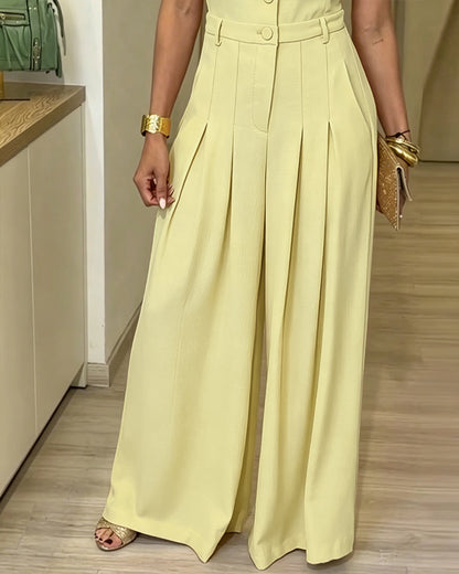 Women's Lapel V Neck Jumpsuit Cap Sleeve High Waisted Wide Leg Overalls Elegant Suit Jumpsuit