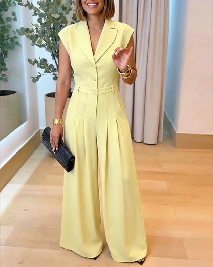 Women's Lapel V Neck Jumpsuit Cap Sleeve High Waisted Wide Leg Overalls Elegant Suit Jumpsuit