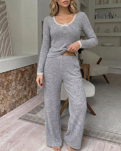 Lounge Sets Lace Trim Long Sleeve Top and High Waisted Pants Pajamas Sets with Pockets