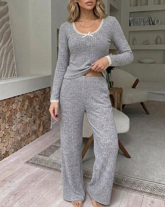 Lounge Sets Lace Trim Long Sleeve Top and High Waisted Pants Pajamas Sets with Pockets