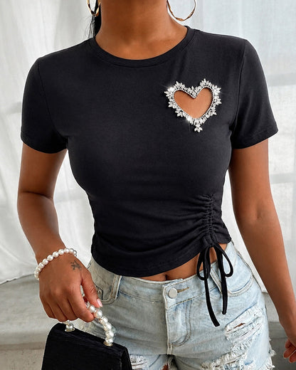 Women's Heart Cutout Rhinestone T-Shirt Short Sleeve Side Drawstring Ruched Top Slim Fit Sparkly Party Tee