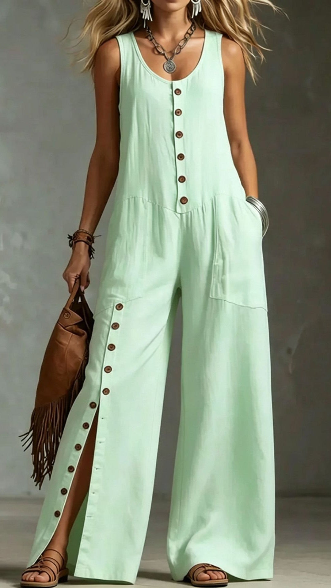 Sleeveless Linen Jumpsuit with Button Pockets