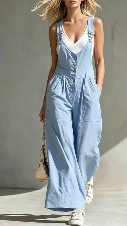 V-Neck Jumpsuit with Pockets, Zipper, Buttons, Open Back, and Waist-Cinching Straps