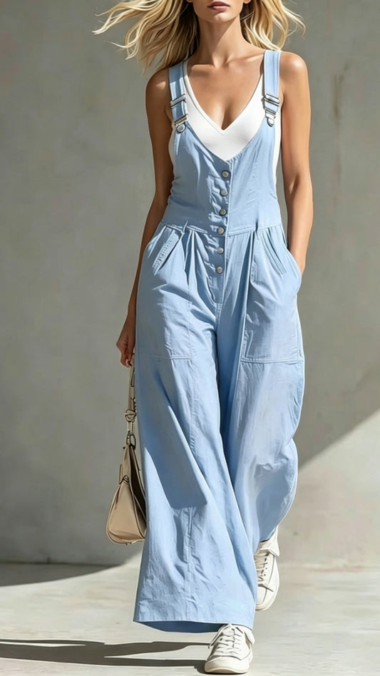 V-Neck Jumpsuit with Pockets, Zipper, Buttons, Open Back, and Waist-Cinching Straps