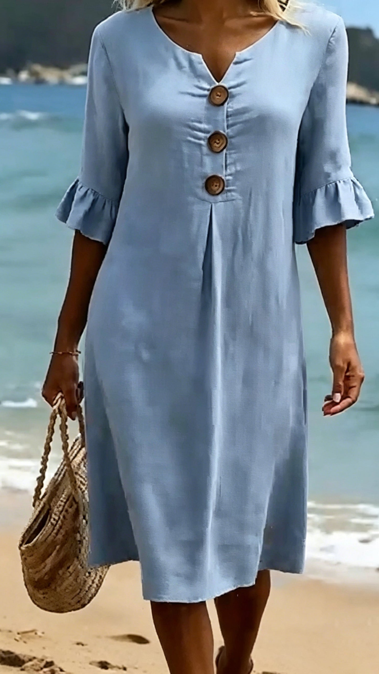 Cotton-Linen Dress with V-Neck, Large Buttons, and Ruffled Sleeves