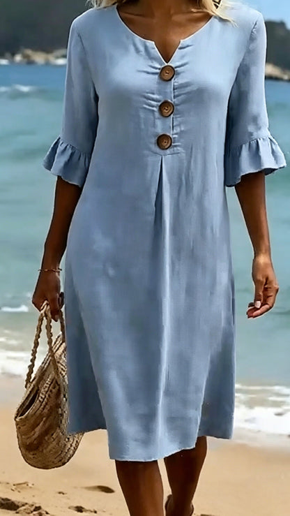 Cotton-Linen Dress with V-Neck, Large Buttons, and Ruffled Sleeves