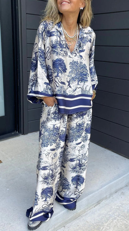 Casual V-Neck Printed Long-Sleeve Two-Piece Set with Pockets