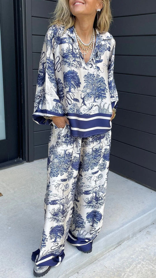 Casual V-Neck Printed Long-Sleeve Two-Piece Set with Pockets