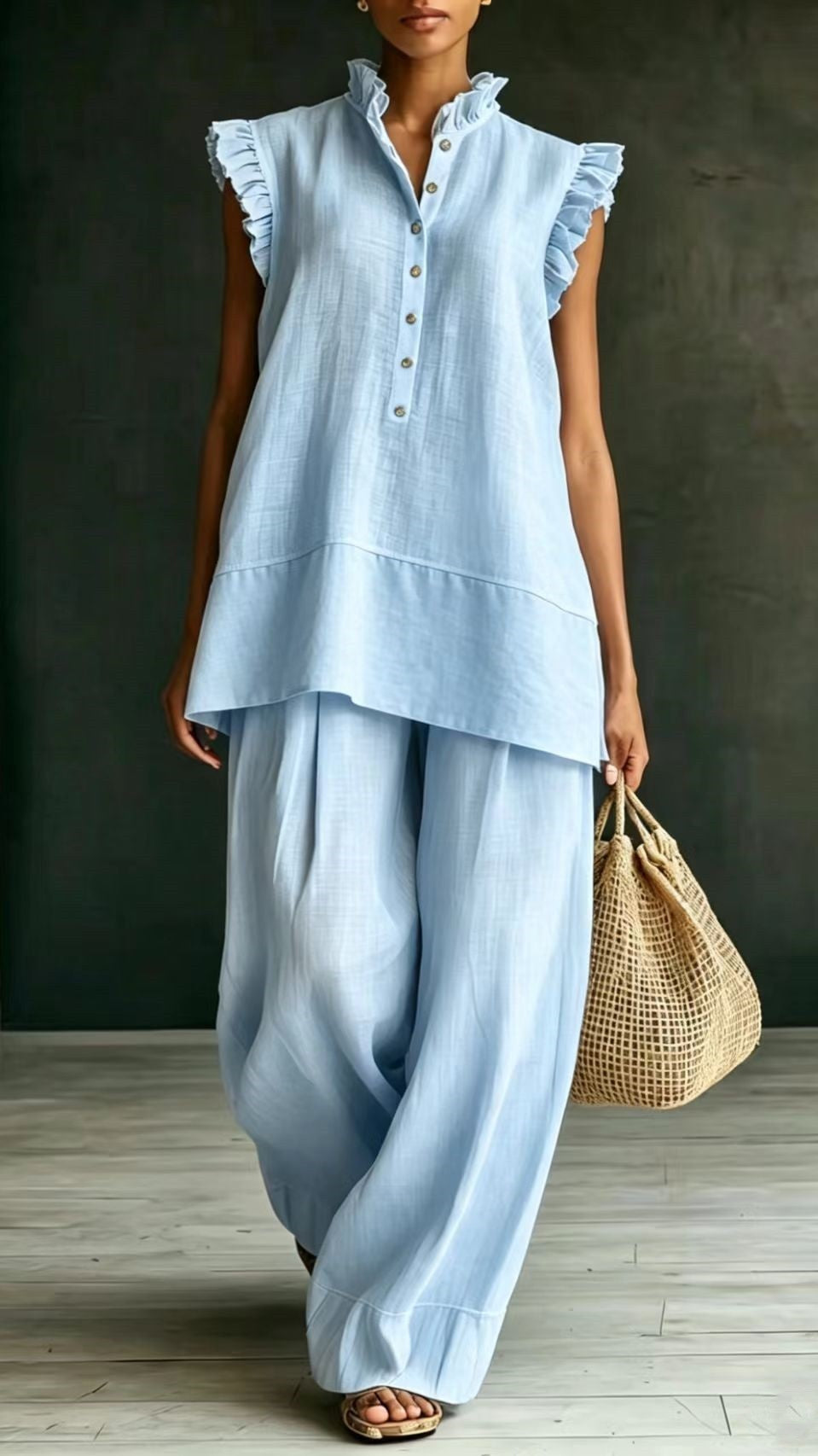 Ruffled Sleeveless Shirt and Loose-Fit Trousers Two-Piece Set