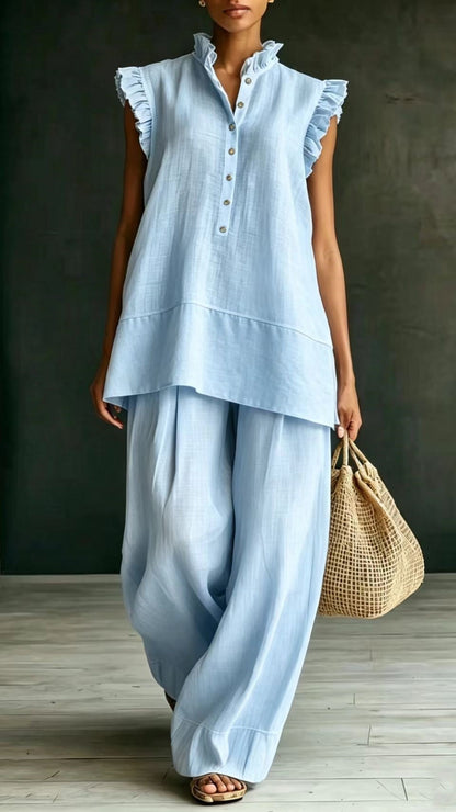 Ruffled Sleeveless Shirt and Loose-Fit Trousers Two-Piece Set