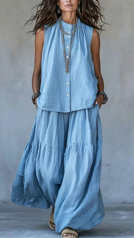 Stand-Collar, Sleeveless Top with Front Placket &amp; Wide-Leg Pants